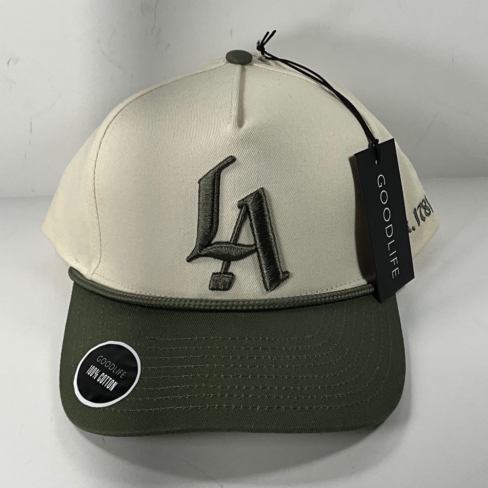 Goodlife Los Angeles Snapback Hat Cream Olive Green LA Embroidered Cotton Cap